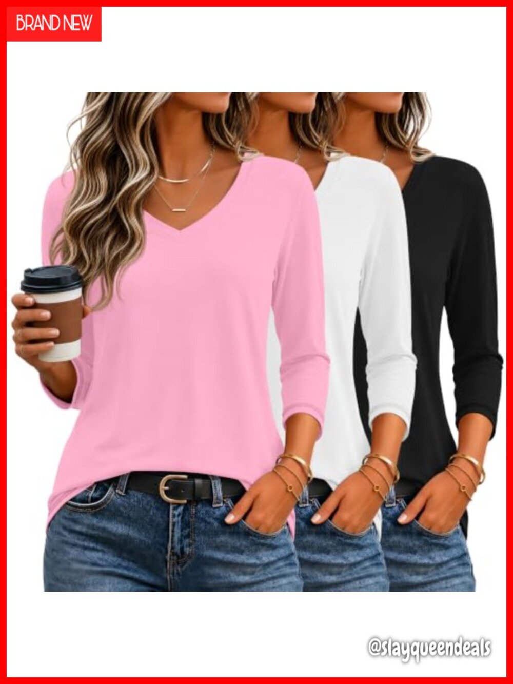 3 Pack Women's 3/4 Sleeve V Neck Tops Loose Fit Basic T-Shirts